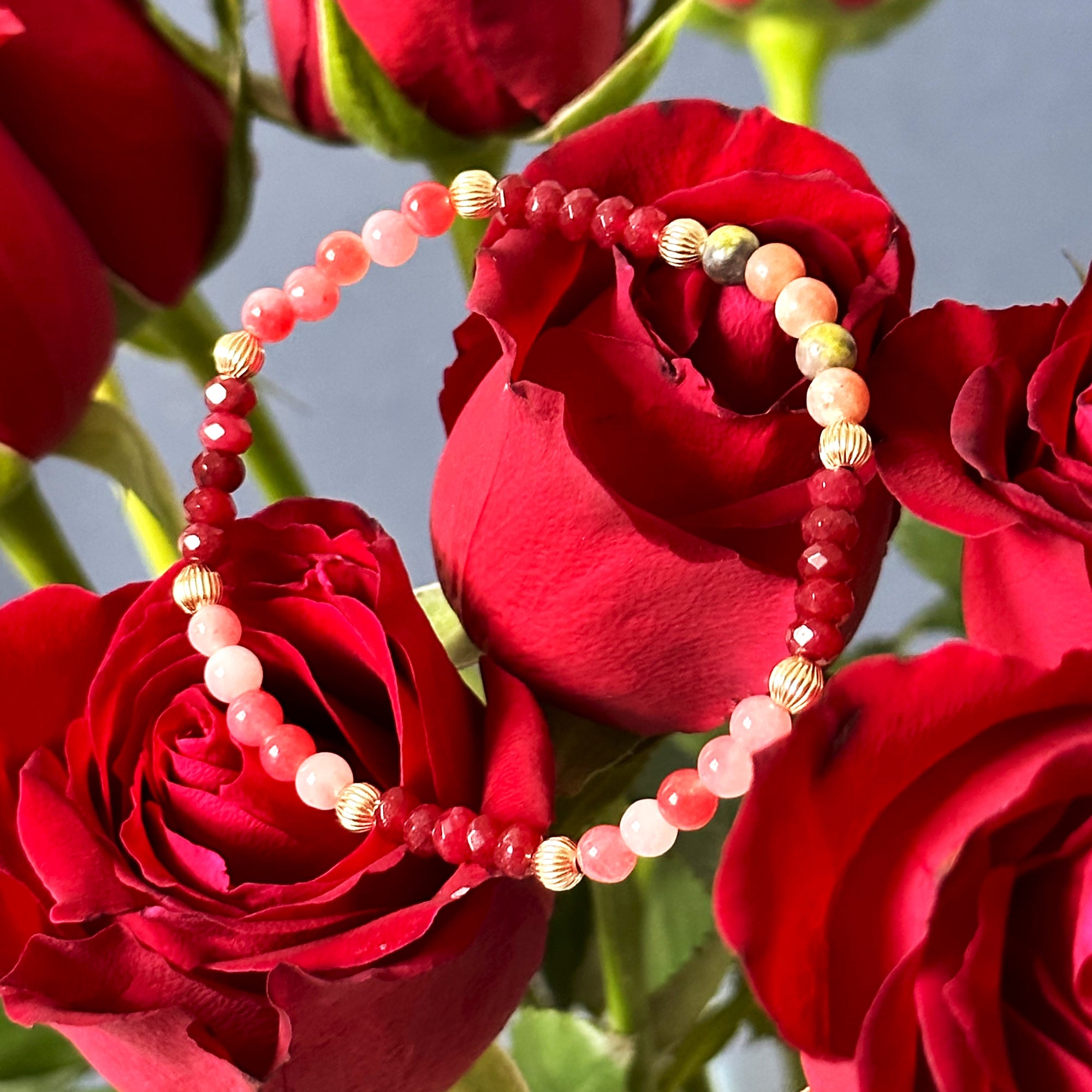 rose quartz, ruby, gold filled spacer jewellery. Unstoppable bracelet. Great for the career empowering women who will not stop at anything to reach their dreams. 