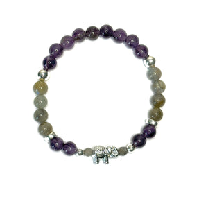 Purple Amethyst and Labradorite for stress relieving. With a silver plated elephant
