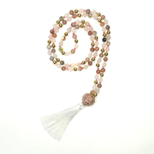 Rose Quartz Freshwater Pearl and Lepidolite Crystal mala with a white tassel