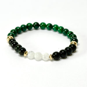 Malachite, Moonstone & Obisidian. This bracelet is not only stylish, it also is great for those who are working on their future and want / need all the protection they can get.