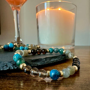  This combination is powerful for manifesting with Blue Apatit, Smokey Quartz, Labradorite with gold filled beads.